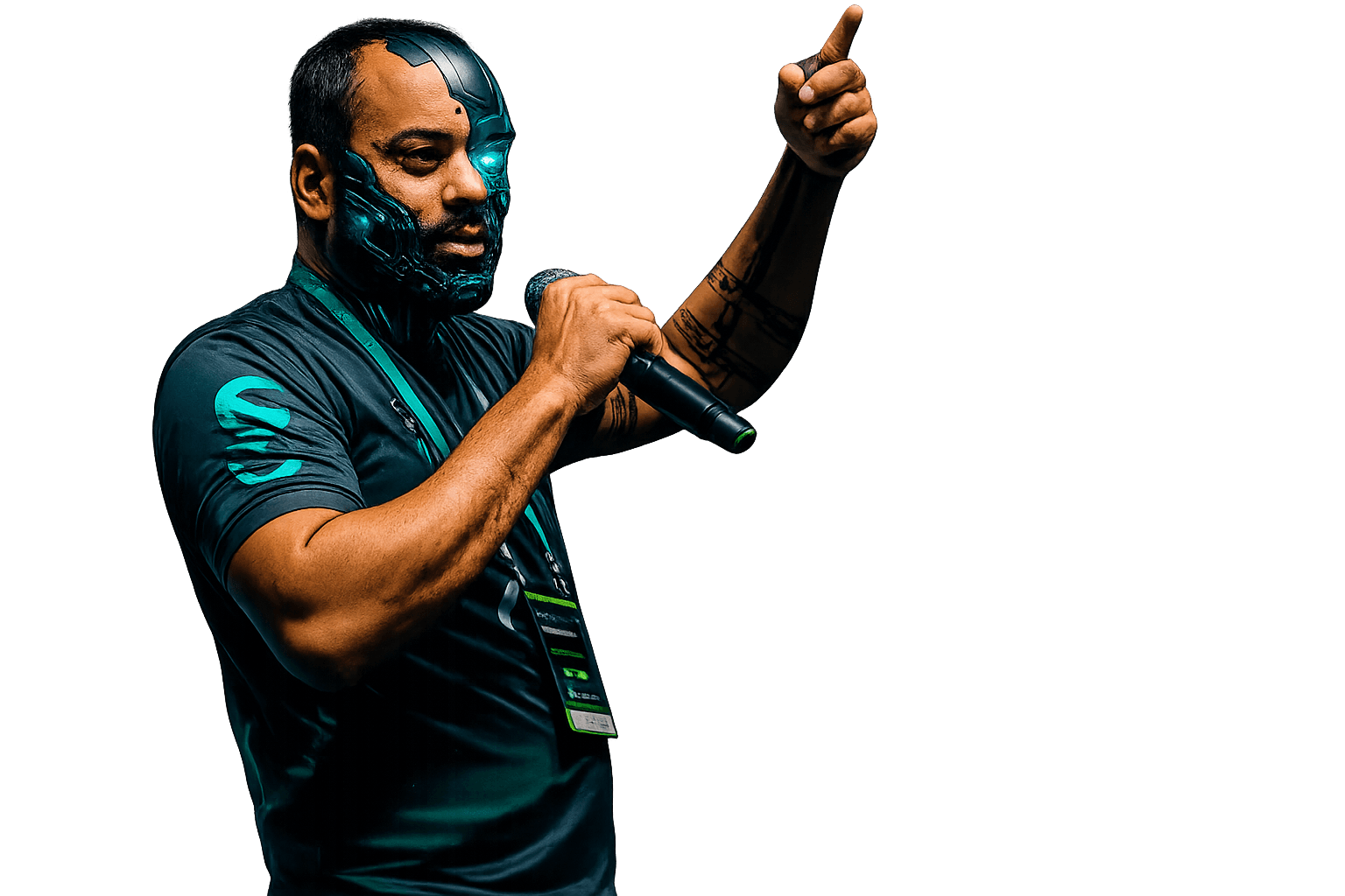 Raone com traje futurístico segurando microfone